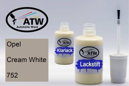 Opel, Cream White, 752: 20ml Lackstift + 20ml Klarlack - Set, von ATW Autoteile West.